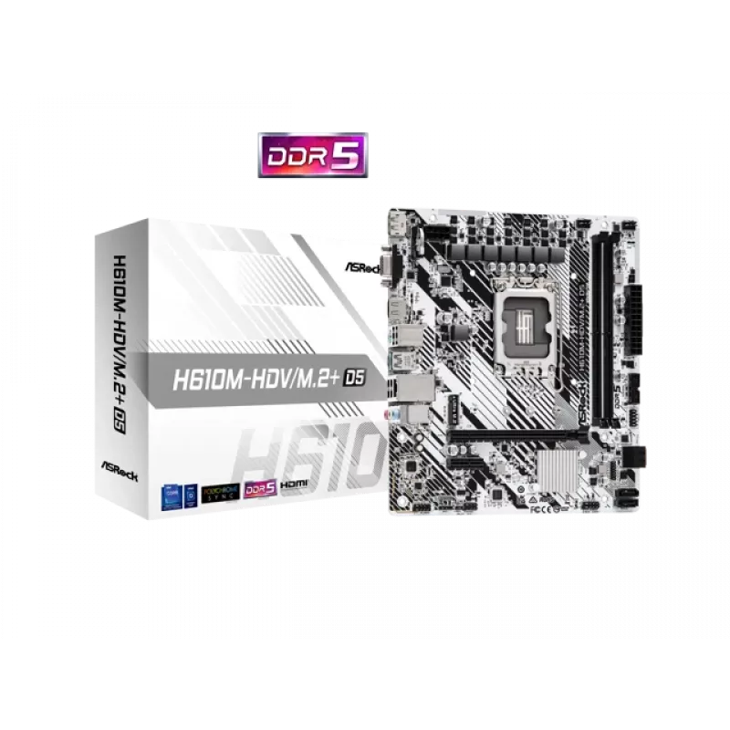 ASRock H610M-HDV/M.2+ D5 placa base, Intel H610, LGA 1700, Micro-ATX, 2x DDR5 DIMM (máx. 96 GB), PCIe 4.0 x16, 1x M.2, 4x SATA III, HDMI, DisplayPort, VGA, USB-C 3.2 Gen 1, Gigabit LAN