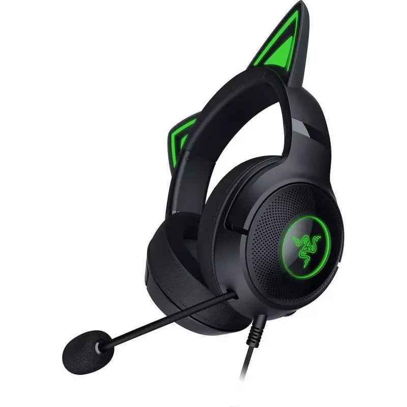 Kraken Kitty V2 - Negro, Auriculares gaming, Orejas Kitty, Iluminación reactiva al streaming, Micrófono cardioide HyperClear, Controladores TriForce de 40 mm, Micrófono integrado en las orejeras, Razer Chroma RGB (oreja y orejeras), Sonido envolvente: Solo disponible en