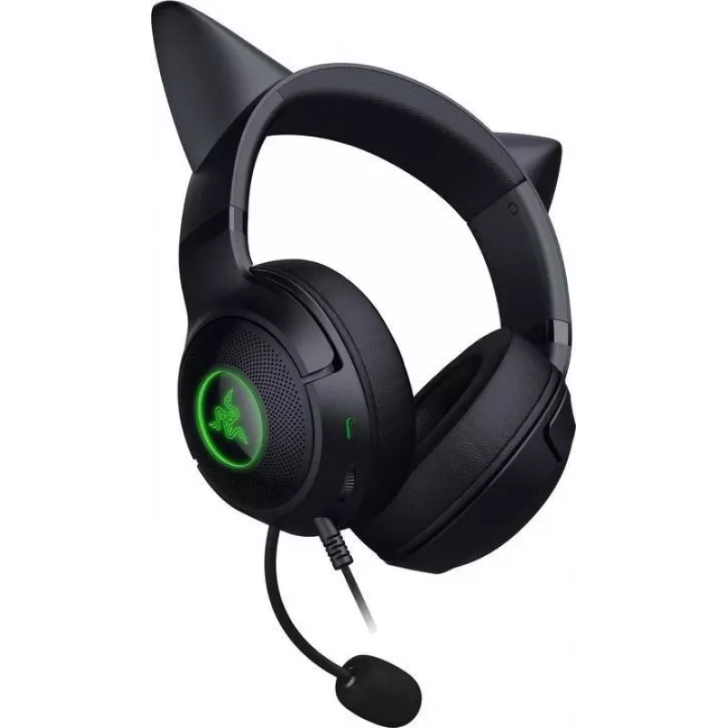 Kraken Kitty V2 - Negro, Auriculares gaming, Orejas Kitty, Iluminación reactiva al streaming, Micrófono cardioide HyperClear, Controladores TriForce de 40 mm, Micrófono integrado en las orejeras, Razer Chroma RGB (oreja y orejeras), Sonido envolvente: Solo disponible en
