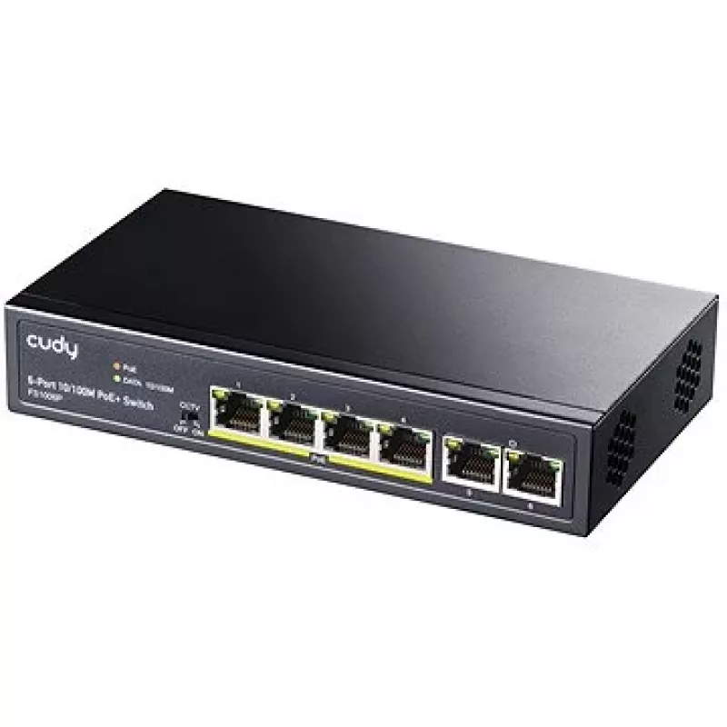 Switch de red Cudy FS1006P Fast Ethernet 6 puertos (4 PoE, 1 PoE+) 10/100 Mbit/s, 1,2 Gbit/s de ancho de banda, carcasa metálica, montaje en rack/pared