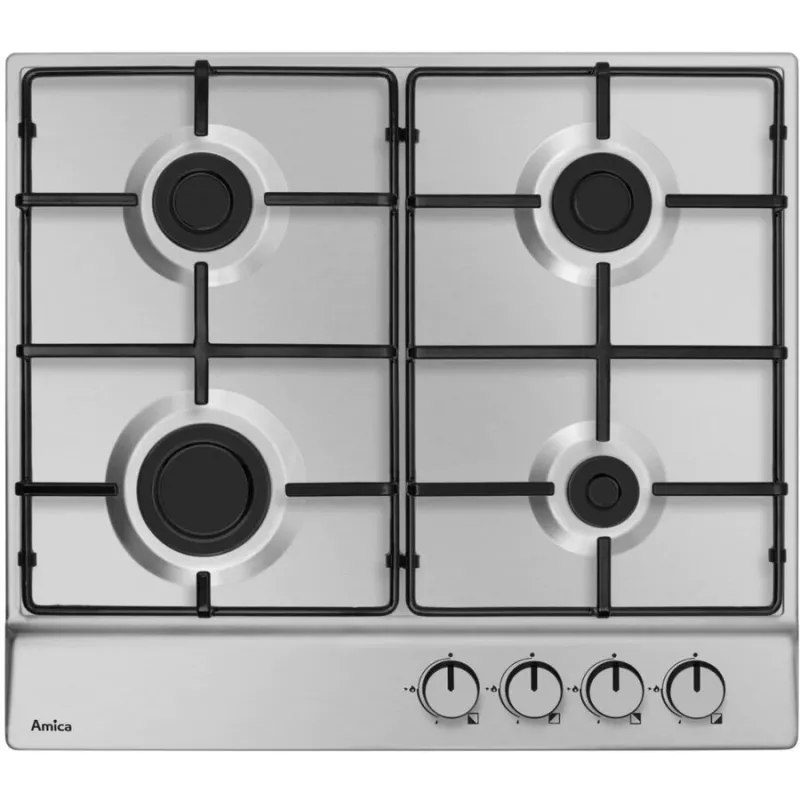 Placa de cocción integrable Amica PGA6100BpR, 4 quemadores de gas, control mecánico, acero inoxidable