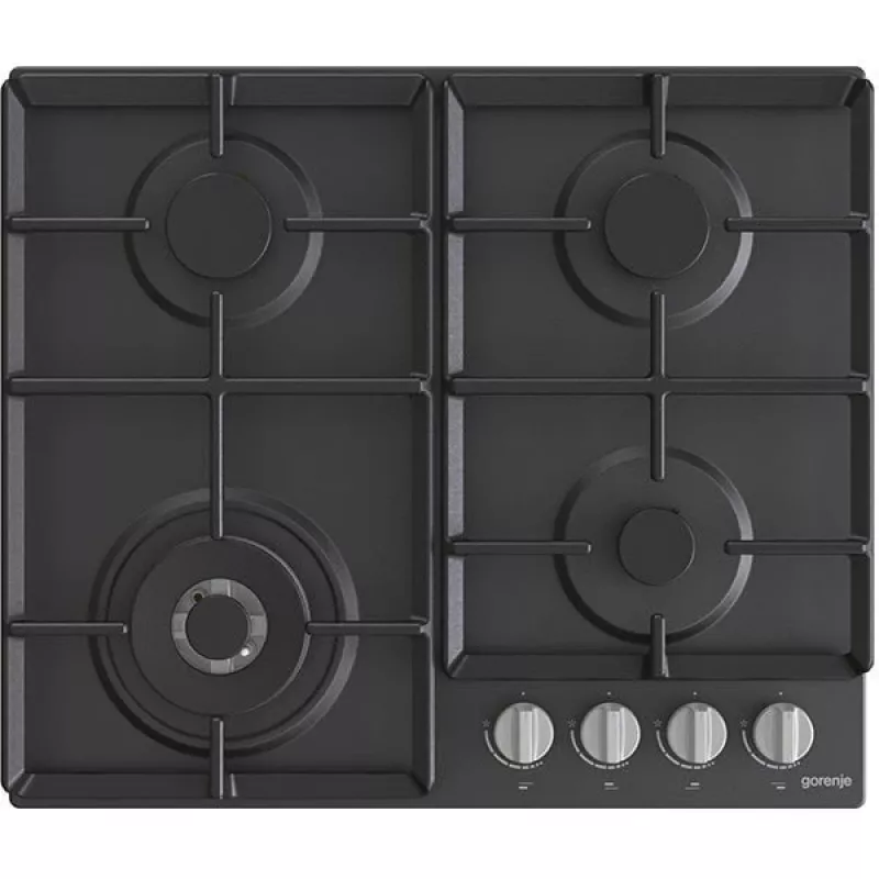 Placa de gas integrable Gorenje GW641EXB, 4 zonas de gas, negra, 60 cm, control por mando giratorio, rejillas de hierro fundido