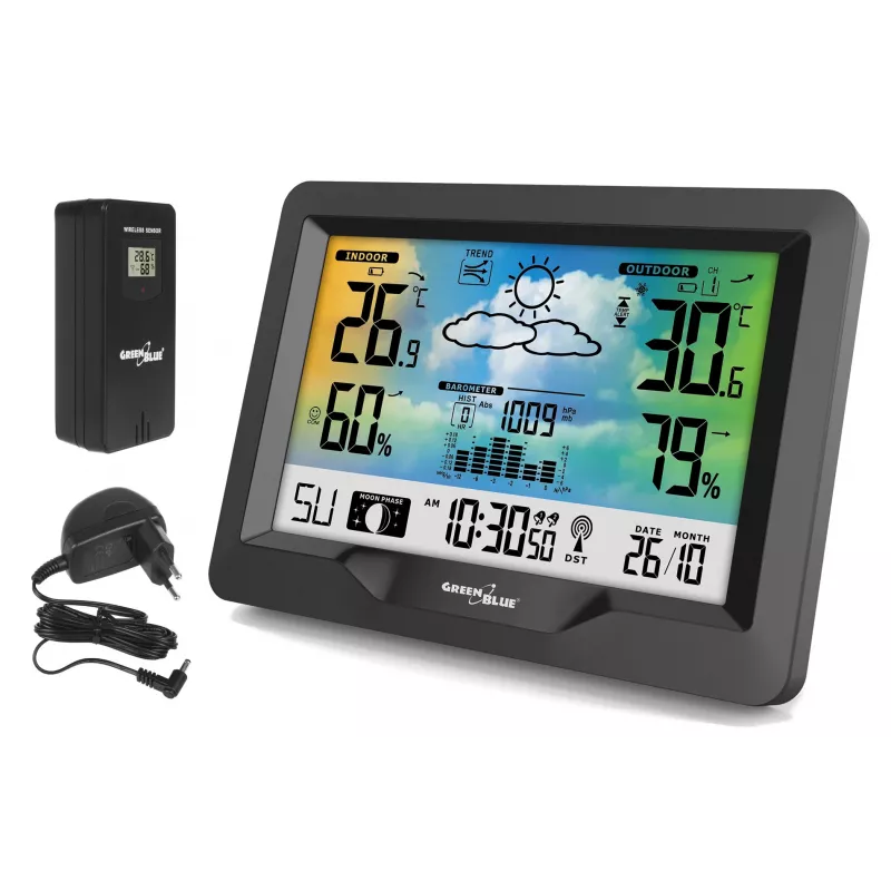 Higrómetro termómetro GreenBlue GB540 — interior 0–50°C / exterior -20–65°C, reloj DCF, sensor exterior 60 m, negro