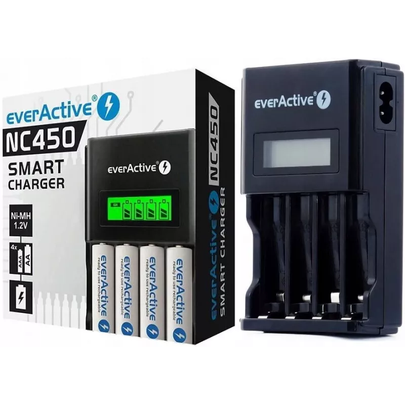 Cargador de baterías everActive NC450B — cargador de 4 celdas AAA, 110/230V AC, negro