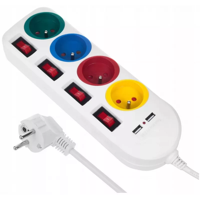 Regleta MACLEAN MCE229W — 4 tomas, 2× USB, cable de 1,5 m, tipo F, 10 A, blanca
