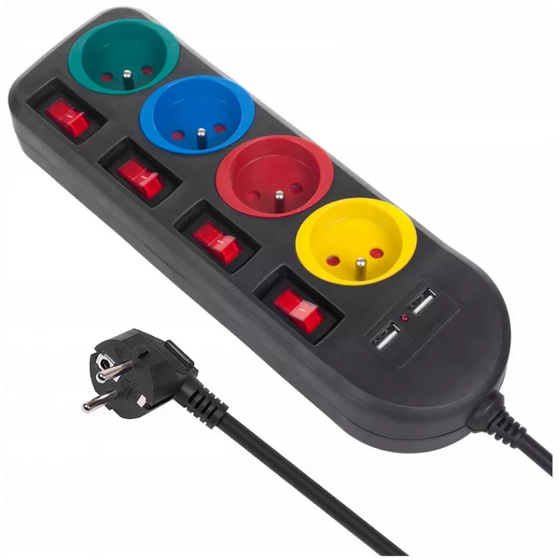 Regleta MACLEAN MCE229B — 4 tomas AC, 2× USB-A, cable de 1,5 m, 10 A, tipo F, interior, negra