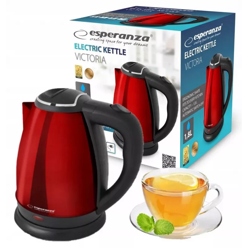 Hervidor de agua ESPERANZA EKK113R 1,8 L 1800 W Acero inoxidable con apagado automático y protección contra funcionamiento en seco