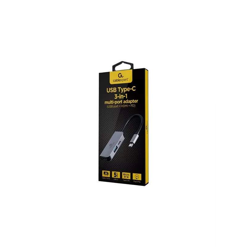 Gembird A-CM-COMBO3-02 adaptador multipuerto USB-C 3 en 1, hub USB 3.2 Gen 1, HDMI 4K, USB-C PD 87 W, plateado