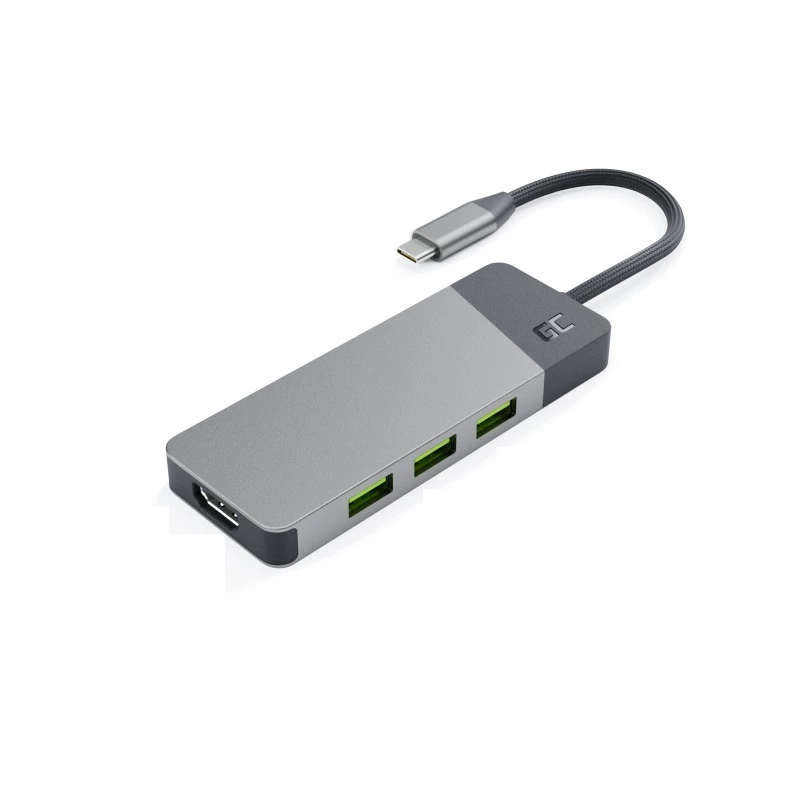 Hub USB Type-C Green Cell HUBGC01 — 7 conexiones: 3×USB‑A 3.2 Gen 1, 1×USB‑C 3.2 Gen 1, HDMI, lector de tarjetas microSD+SD — Plata
