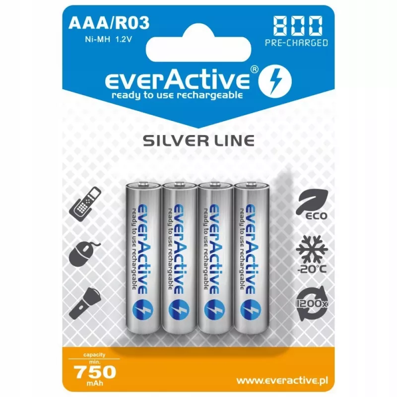 Pilas recargables AAA NiMH everActive EVHRL03-800 – 1,2 V, 4 uds., cilíndricas 44,5×10,5 mm