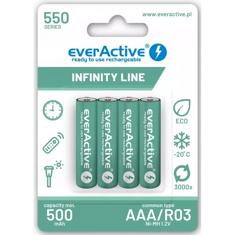 Pilas recargables AAA NiMH everActive EVHRL03-550 1,2 V 550 mAh pack de 4, cilíndricas R03