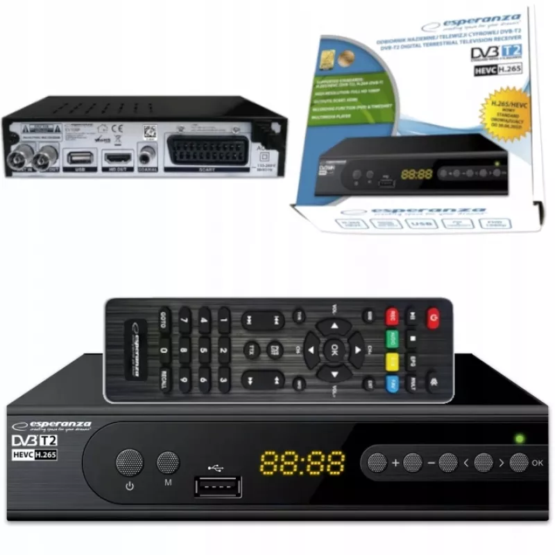 Receptor de sobremesa ESPERANZA EV106R Sintonizador por cable DVB-T2 / DVB-C HEVC H.265, HDMI, USB, PVR, Dolby Digital, 174–790 MHz, negro