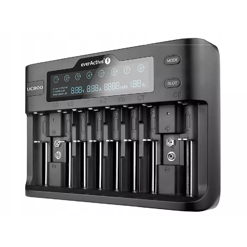 Cargador de baterías everActive UC-800 AC 12V 3A — para LiFePO4/LiPo/NiMH, compatible con AA/AAA/9V, hasta 10 baterías, entrada 12 V, pantalla integrada, negro