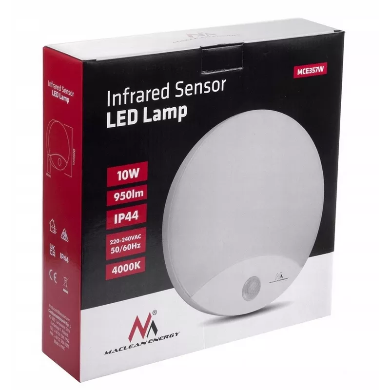 Lámpara LED de pared MACLEAN MCE357W con sensor de movimiento IR, blanca, para exterior e interior