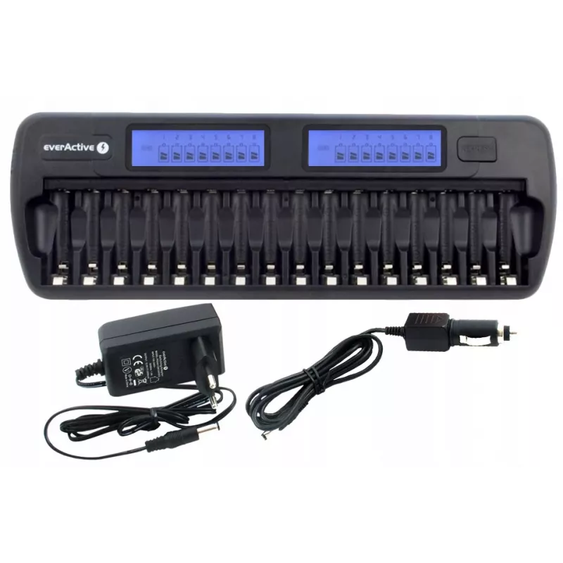 Cargador de baterías everActive NC-1600 — cargador universal DC para Li-Ion, compatible con 16 celdas, tamaños compatibles AA/AAA/C, negro, AC 100–240V 50–60Hz