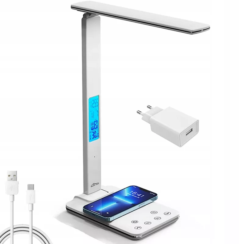Media-Tech MT222 Leditou lámpara de escritorio LED con cargador inalámbrico Qi de 15 W, reloj, alarma, termómetro, blanca