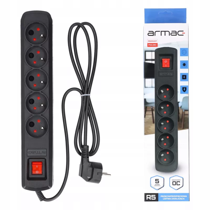 Regleta de enchufes ARMAC R5 — 5 tomas, cable de 5 m, negra