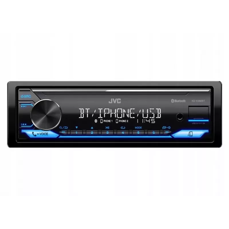 Autorradio JVC KDX-382BT con Bluetooth y USB — Single DIN, entrada AUX, sintonizador FM