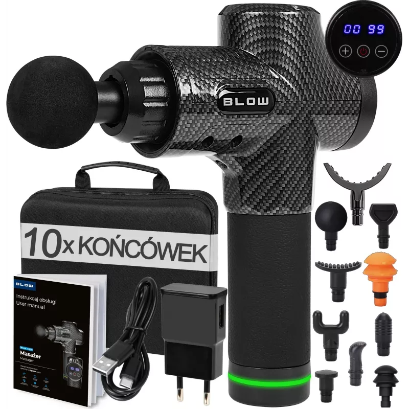 BLOW Wave 4000 44-340# pistola de masaje, 30 velocidades, 10 cabezales, 100 W, pantalla táctil LCD, USB-C, negra