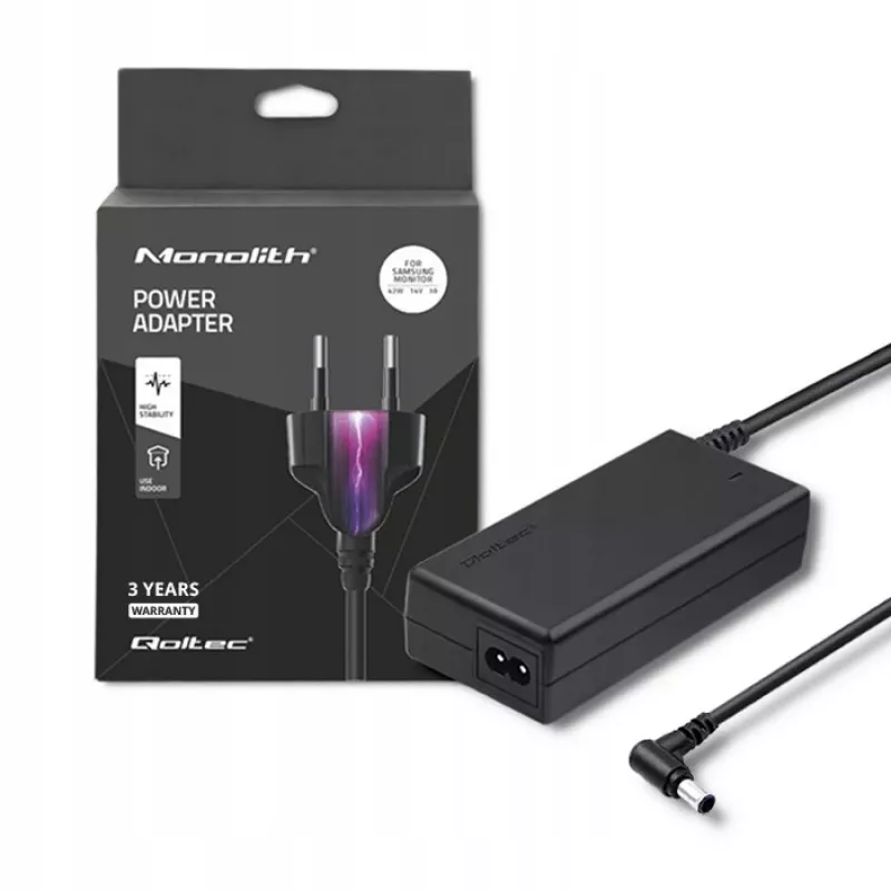Qoltec 51773 adaptador de corriente CA para monitores Samsung, 42 W, 14 V 3 A, conector de 6,5x4,4 mm, entrada 220–240 V 50/60 Hz