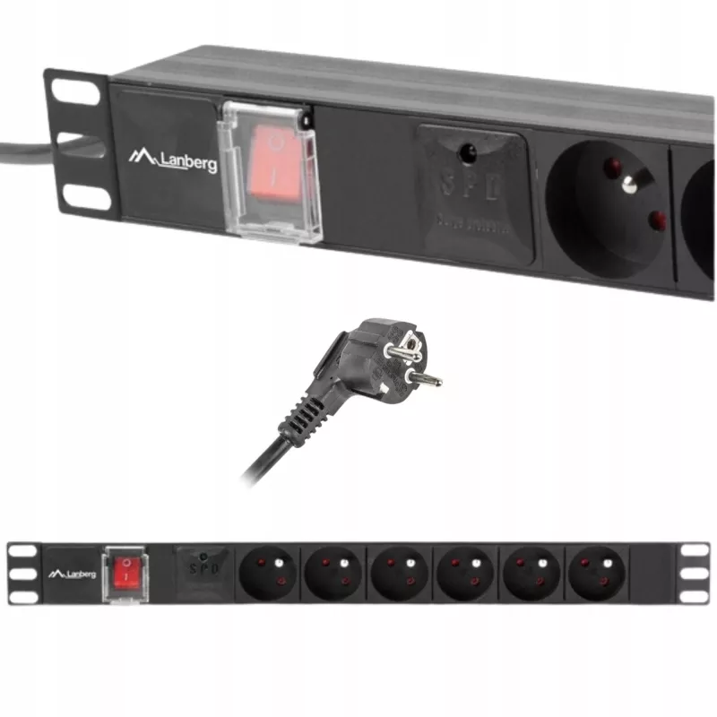Unidad de distribución de energía LANBERG PDU-06E-0200-BK — 6 salidas Type-E, 16 A, cable de 2 m, rack 1HE, 220–250 V