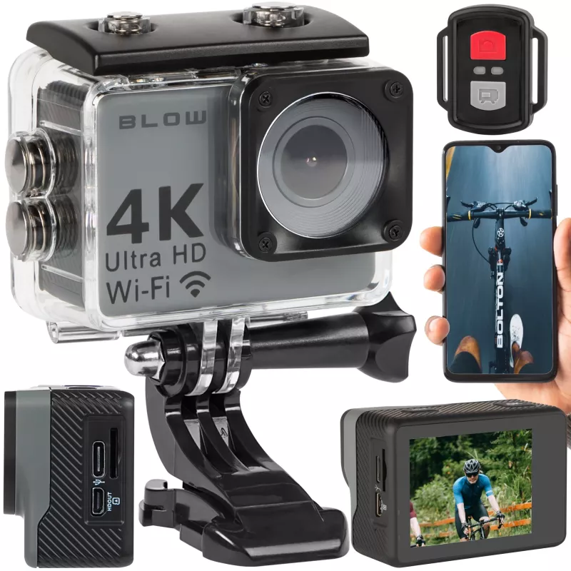 Cámara de acción BLOW 78-538 – 4K Ultra HD, pantalla de 2 inch, campo de visión de 170°, Wi‑Fi, estabilizador de imagen, microSD hasta 64 GB