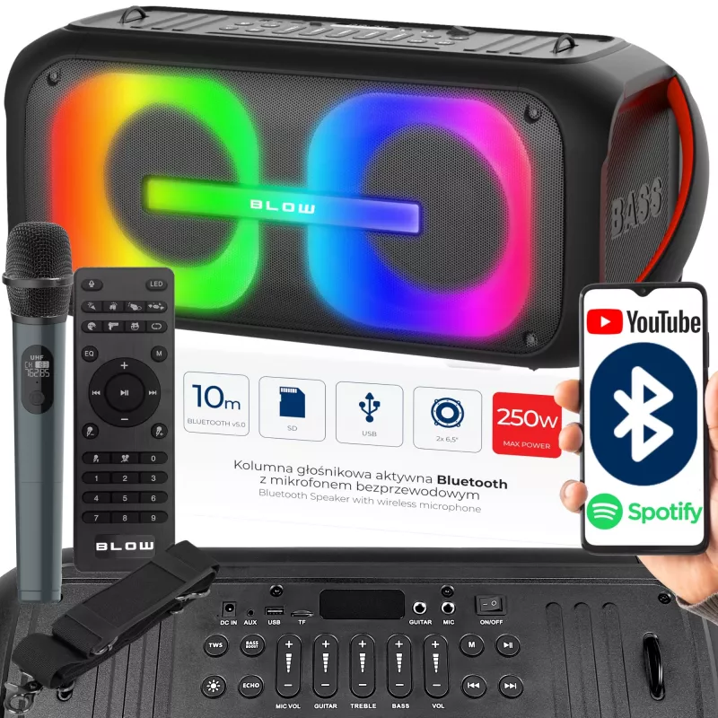 BLOW DJBOX 30-392# altavoz Bluetooth 250 W con mando a distancia y micrófono, USB, microSD, AUX, TWS, batería integrada, negro