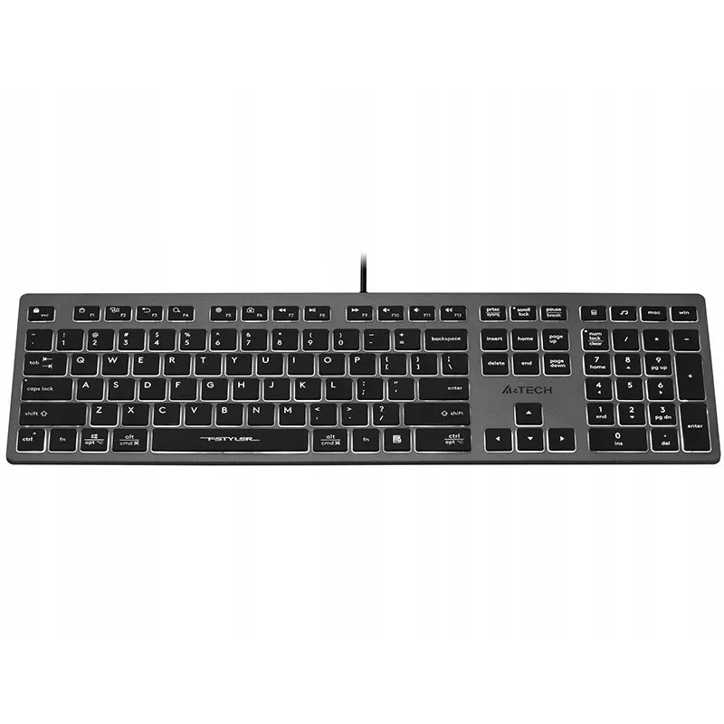 Teclado con cable A4Tech FX60H USB QWERTY – Full-Size 100%, retroiluminado blanco, gris, hub USB