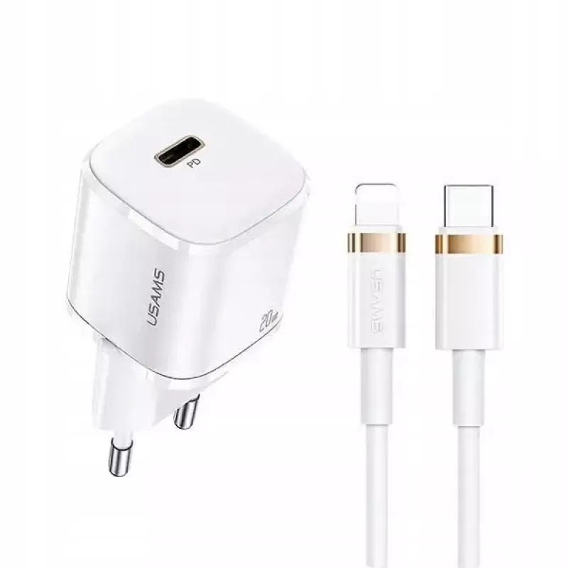 Cargador de pared mini USAMS T36 USB-C, 20 W, PD 3.0, con cable USB-C a Lightning de 1 m
