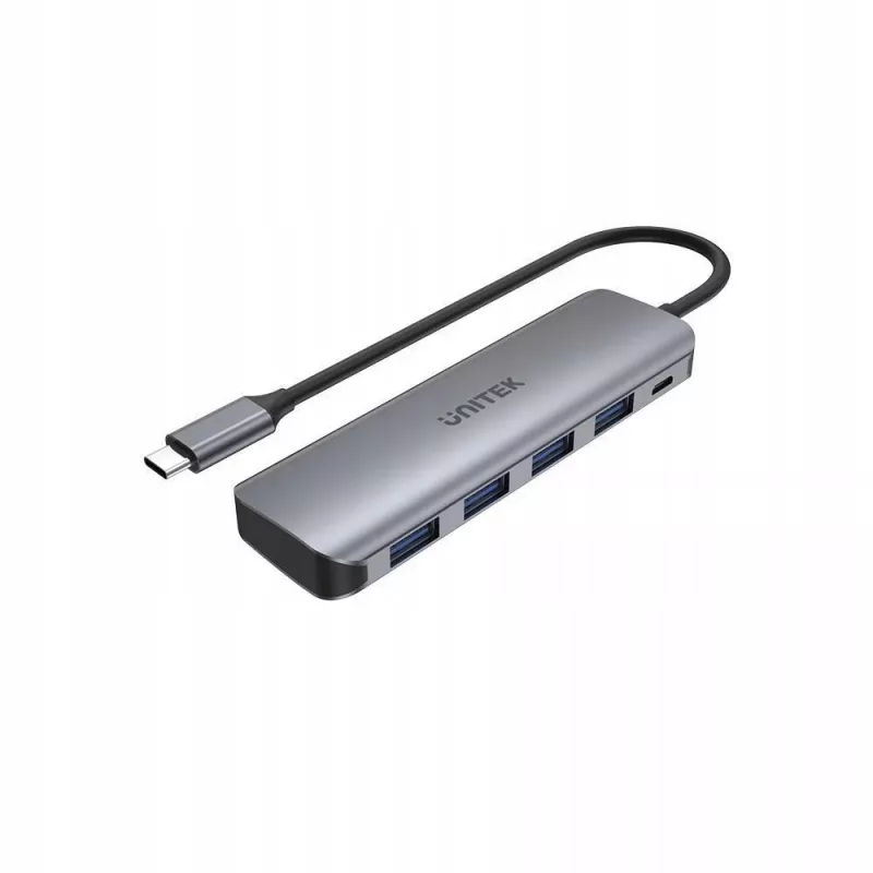 Hub USB Unitek P5+ — 5 puertos (4 × USB 3.2 Gen 2 Type-A), host USB 3.2 Gen 1, 5 Gbit/s, 10 W PD, aluminio, gris
