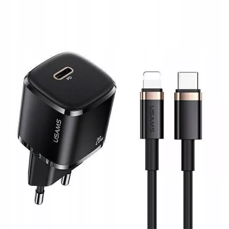 Cargador usams 1x USB-C T36 + Lightning PD – cargador PD compacto con USB-C y Lightning