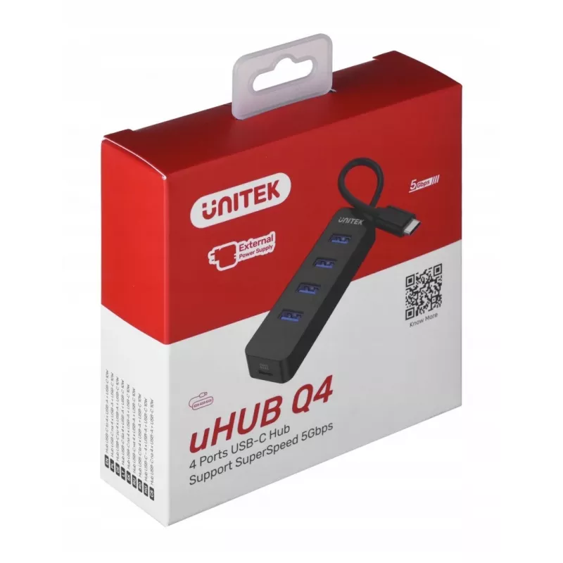 Hub USB Unitek uHUB Q4 — hub de 4 puertos USB 3.2 Gen 1 (Type-A), host USB-C, 5 Gbit/s, 10 W, negro