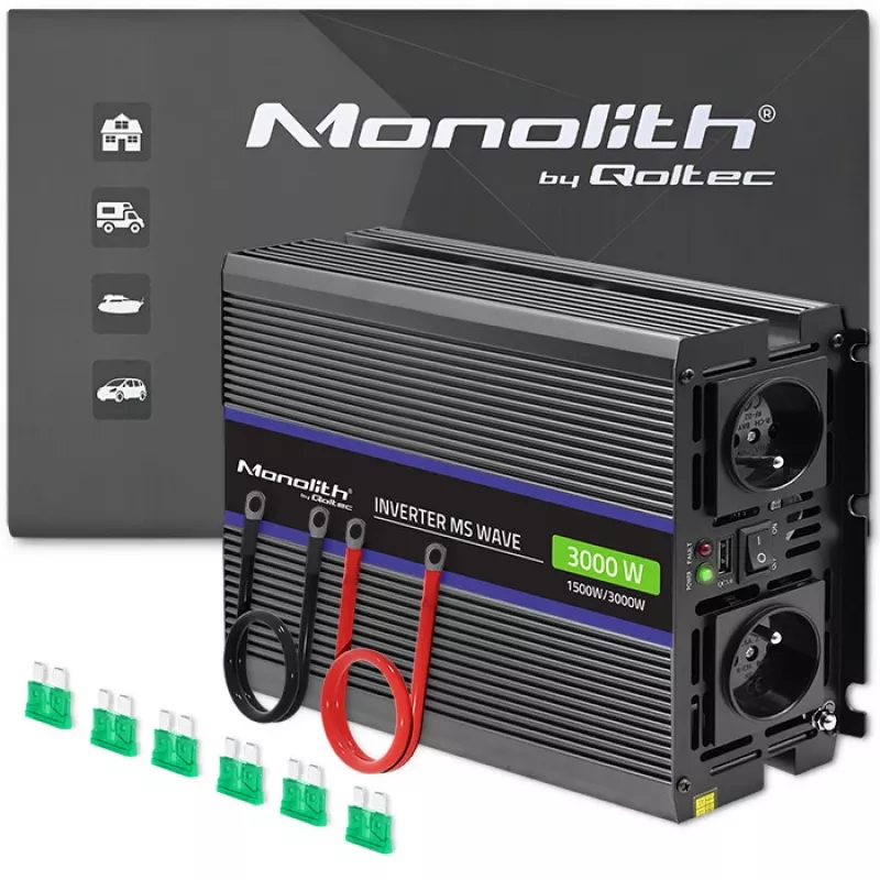 Inversor QOLTEC Monolith 3000 MS Wave, 12V→230V, 1500/3000W, con USB