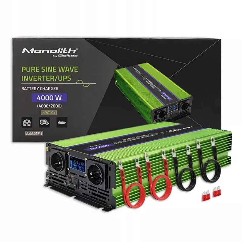 Qoltec Monolith Convertidor de tensión | Carga de batería | SAI | 2000W | 4000W | 12V a 230V | Onda senoidal pura | LCD negro-verde
