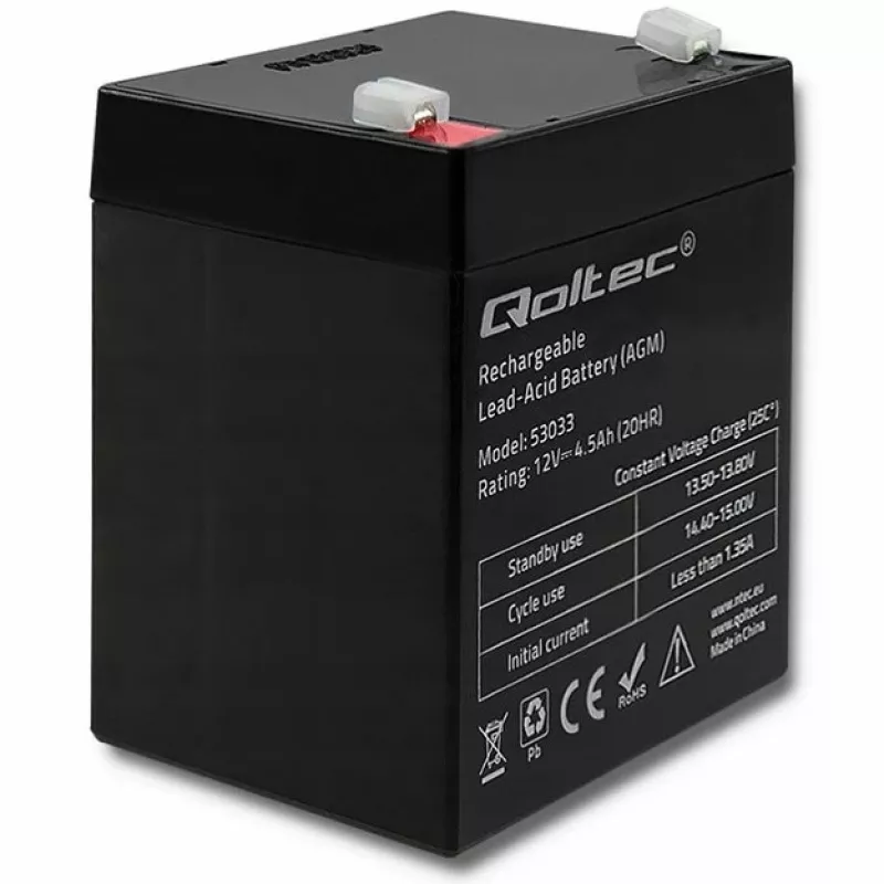 Qoltec 53033 batería AGM 12 V 4,5 Ah, máx. 1,35 A, sin mantenimiento