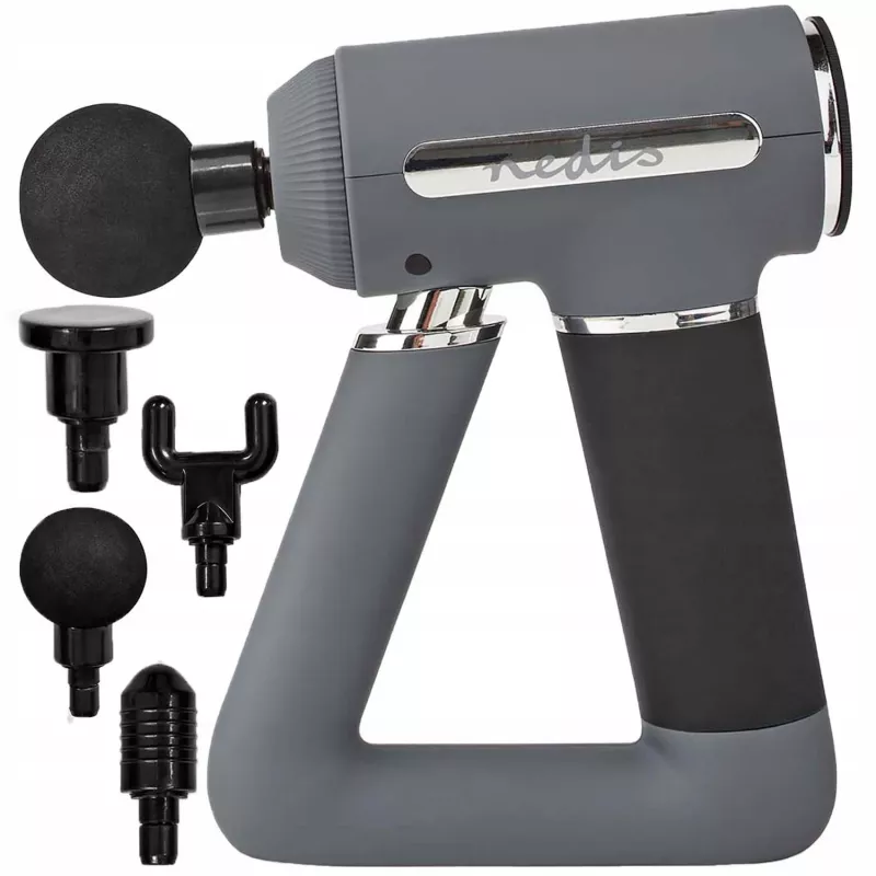 Nedis Pistola de masaje deportiva, 6 velocidades con 4 accesorios, motor sin escobillas para recuperación y relajación muscular, mango triangular, recargable - Gris