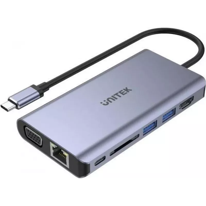 Hub USB Unitek uHUB O8+ con cable USB 3.2 Gen 1 Type-C, gris, 100W Power Delivery