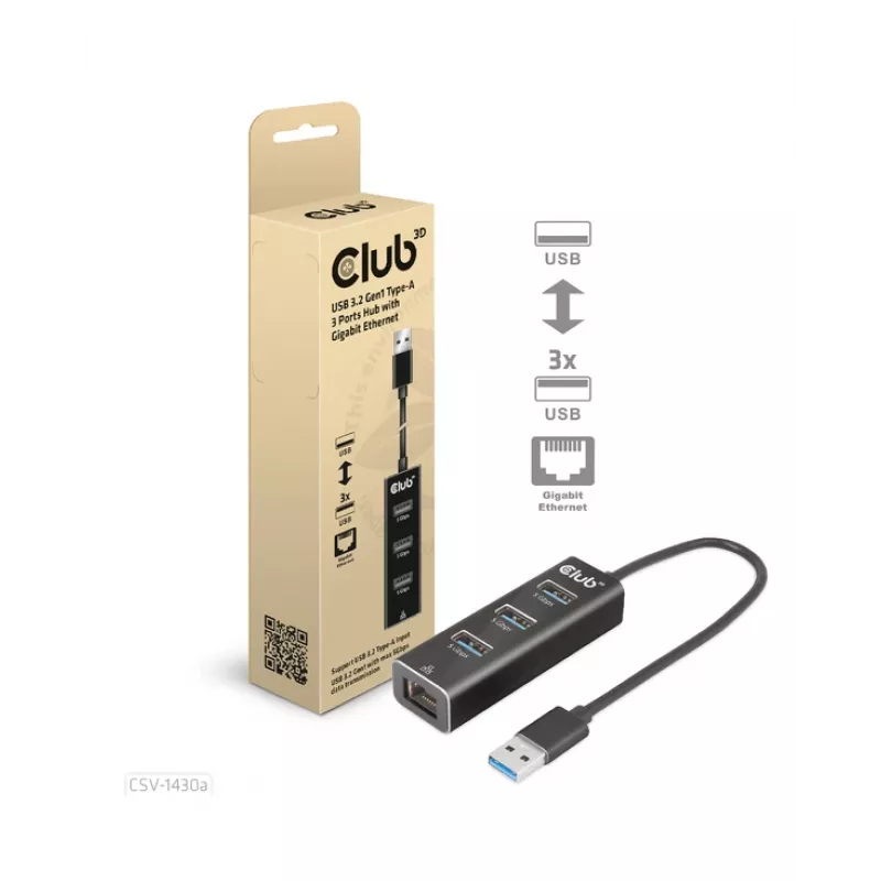 Hub USB CLUB3D USB 3.2 Gen1 Type-A con 3 puertos y Gigabit Ethernet