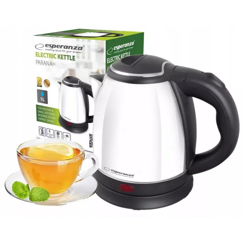 Esperanza EKK128W Parana hervidor eléctrico, 1,0 l, 1350 W, inalámbrico, acero inoxidable, blanco