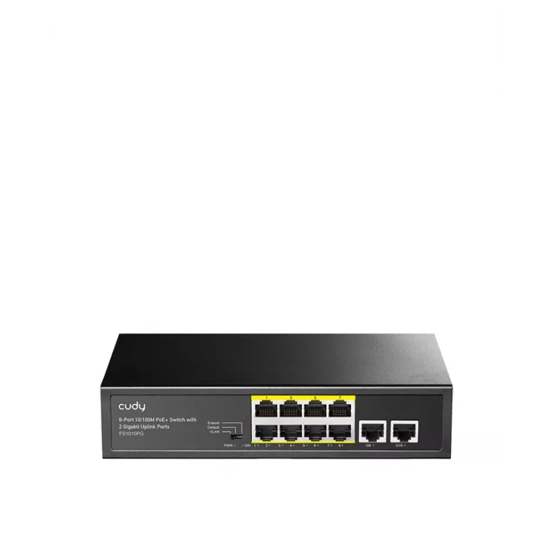 Switch de red Cudy FS1010PG — 10/100 Mbps, 8 puertos PoE, 2 uplink, presupuesto PoE 120W, carcasa metálica