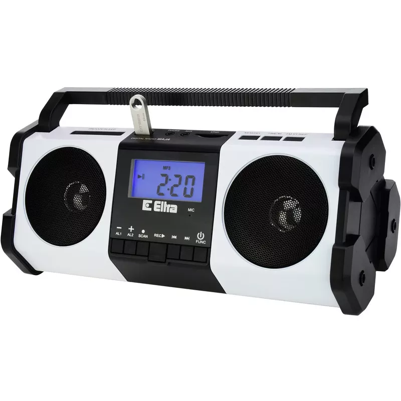 Radio portátil Eltra MAJA – blanca, diseño compacto, funcionamiento con pilas o red eléctrica