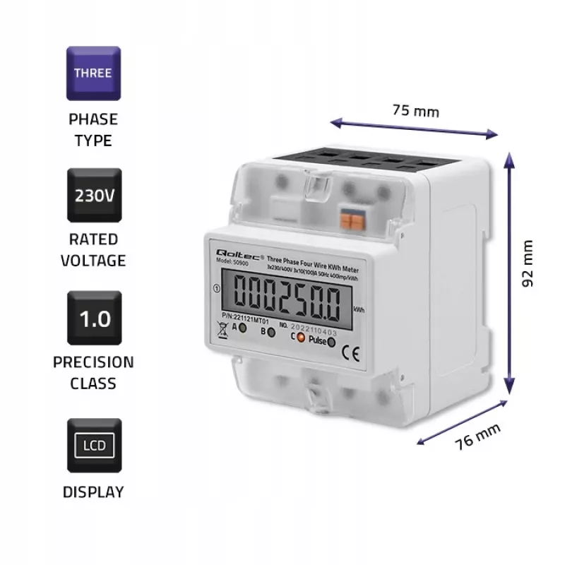 Medidor de energía electrónico trifásico QOLTEC 50900 400V LCD 4P