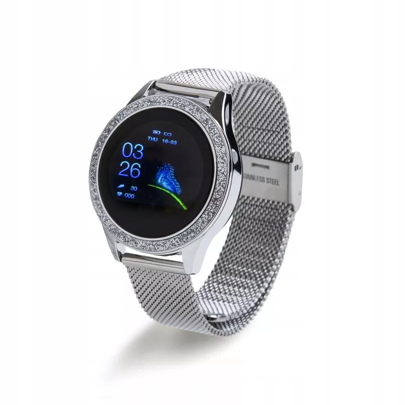 Smartwatch ORO-MED ORO-SMART CRYSTAL SILVER — caja redonda de metal, LCD 240 × 198, pantalla de 1,04 pulgadas, Bluetooth 4.0, sumergible, batería de 120 mAh