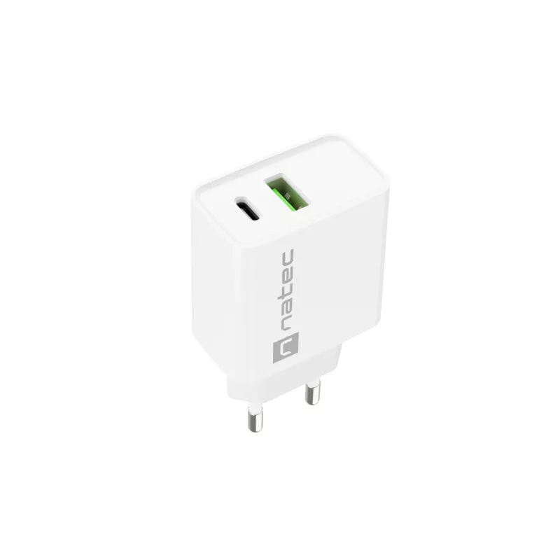 Cargador rápido de red NATEC RIBERA 12V 20W USB-C PD 3.0 + USB-A Samsung AFC blanco