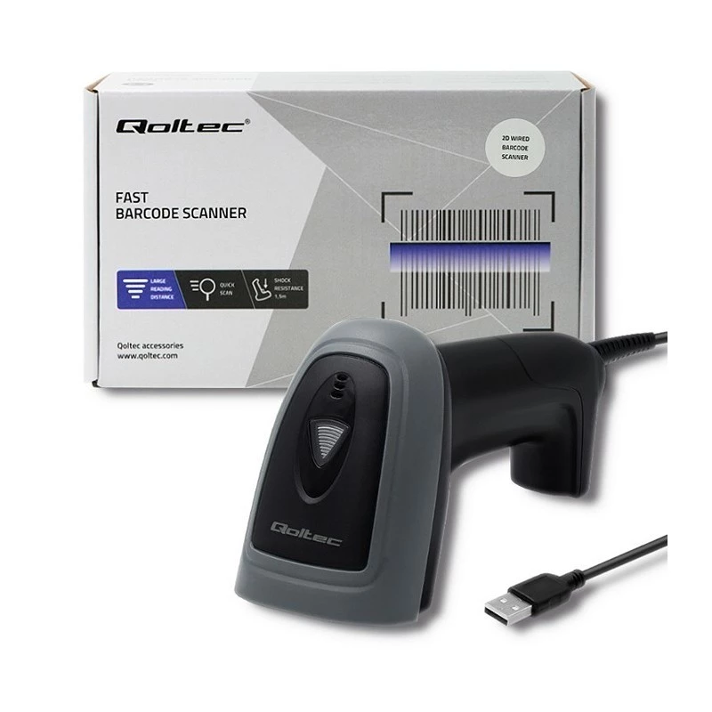 Lector de códigos de barras de mano QOLTEC 50863 — escáner 1D/2D, USB con cable, sensor LED, negro, 5V, cable de 1,8 m