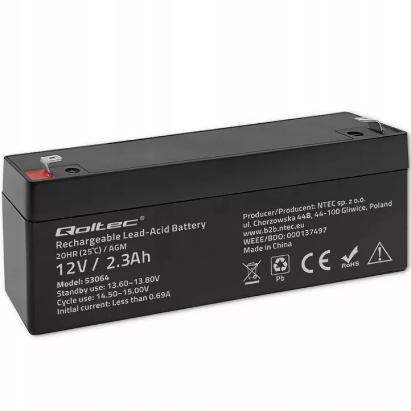 Batería AGM sellada QOLTEC 12V 2,3Ah para sistemas SAI y de respaldo, descarga máx. 34,5A