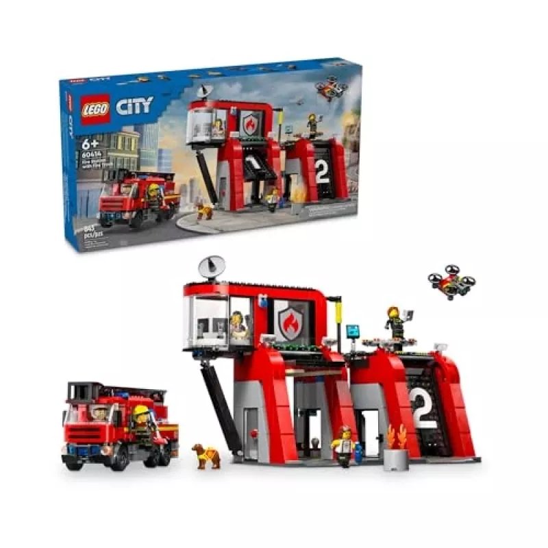 Juguete de construcción LEGO City Parque de bomberos con camión de escalera 60414 — 843 piezas, 5 minifiguras, 220×320×140 mm