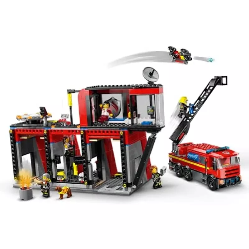 Juguete de construcción LEGO City Parque de bomberos con camión de escalera 60414 — 843 piezas, 5 minifiguras, 220×320×140 mm
