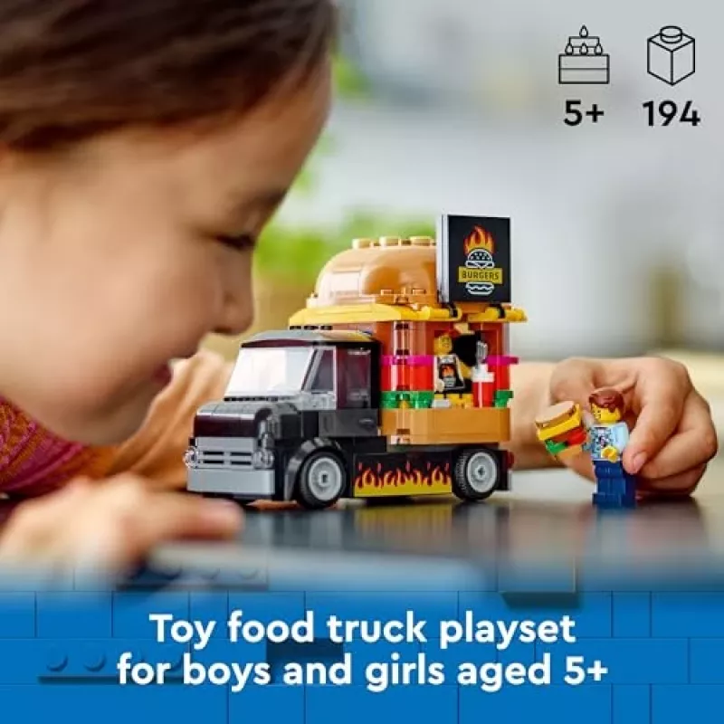 LEGO City Furgoneta de hamburguesas, camión de comida, juguete para niños y niñas a partir de 5 años, vehículo de construcción, set de cocina con minifigura de vendedor y accesorios