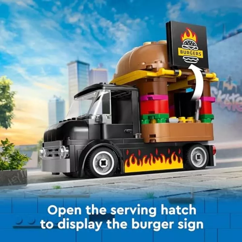 LEGO City Furgoneta de hamburguesas, camión de comida, juguete para niños y niñas a partir de 5 años, vehículo de construcción, set de cocina con minifigura de vendedor y accesorios